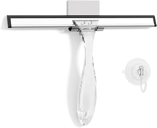 AmazerBath 10-Inch Clear Shower Squeegee for Glass Doors, Windows, Mirrors - Streak-Free Silicone Blade, Suction & Adhesive Hooks