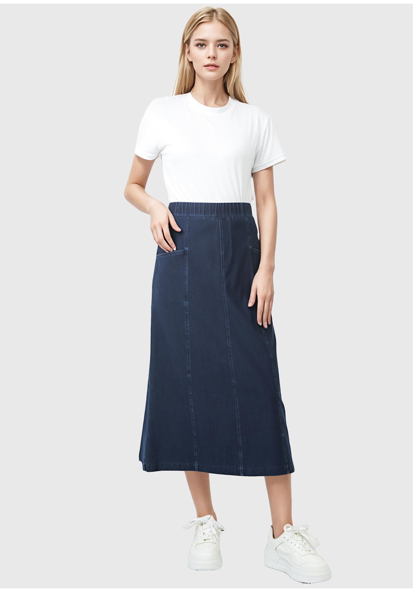 Faldas Vaqueras para Mujer, Denim Azul Lavado, Cintura Alta Elástica, Bolsillos Laterales, Faldas Midi De Corte A, Verano, Informal, Diario, para Salir, Elegantes, Parte Inferior