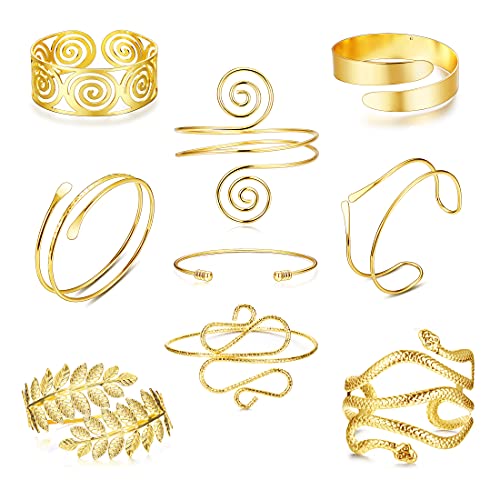 9/10Pcs Arm Cuff Upper Arm Band Cuff Bracelet For Women Minimalist Boho Bangle Gold Adjustable Open Armlet Armband Costume Jewelry Set