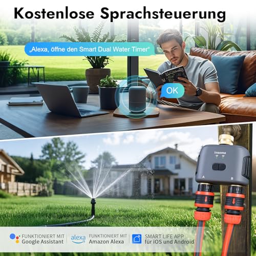 2-Zonen-Wasser-Timer mit Messing-Ein- und Auslass, Sprinkler-Timer für Gartenschlauch, APP-Fernbedienung, WiFi-Schlauch-Timer mit Gateway, Sprachsteuerung mit Alexa, Regenverzögerung und manueller Mod