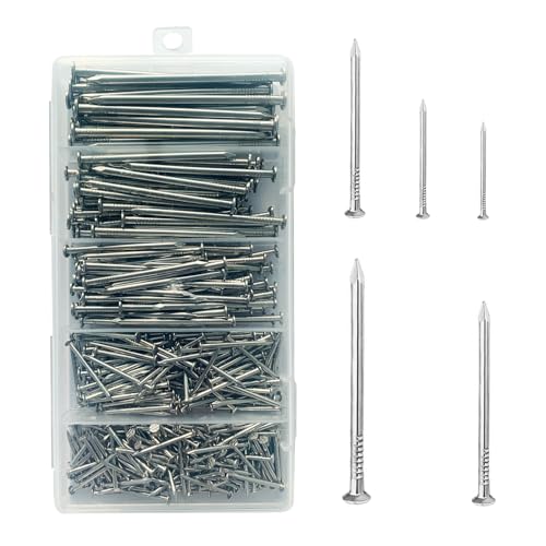 Maozaa 400pcs Hardware Nails Assortment Kit, 5 Sizes Stainless Steel 304 Hanging Nails for Hanging Pictures, Long Wood Finishing Nails