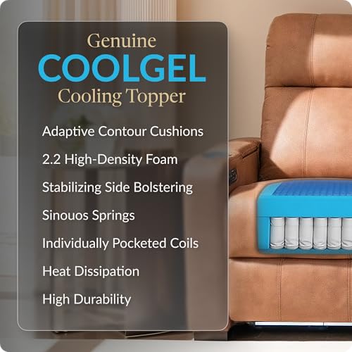 Image of Seatcraft Monterey Tawny Italian Leather Home Theater Seating, Zero Gravity Power Recliner, Gaming and Home Office Chair, Powered Headrest Furniture for Family Cinema Room, Row of 2