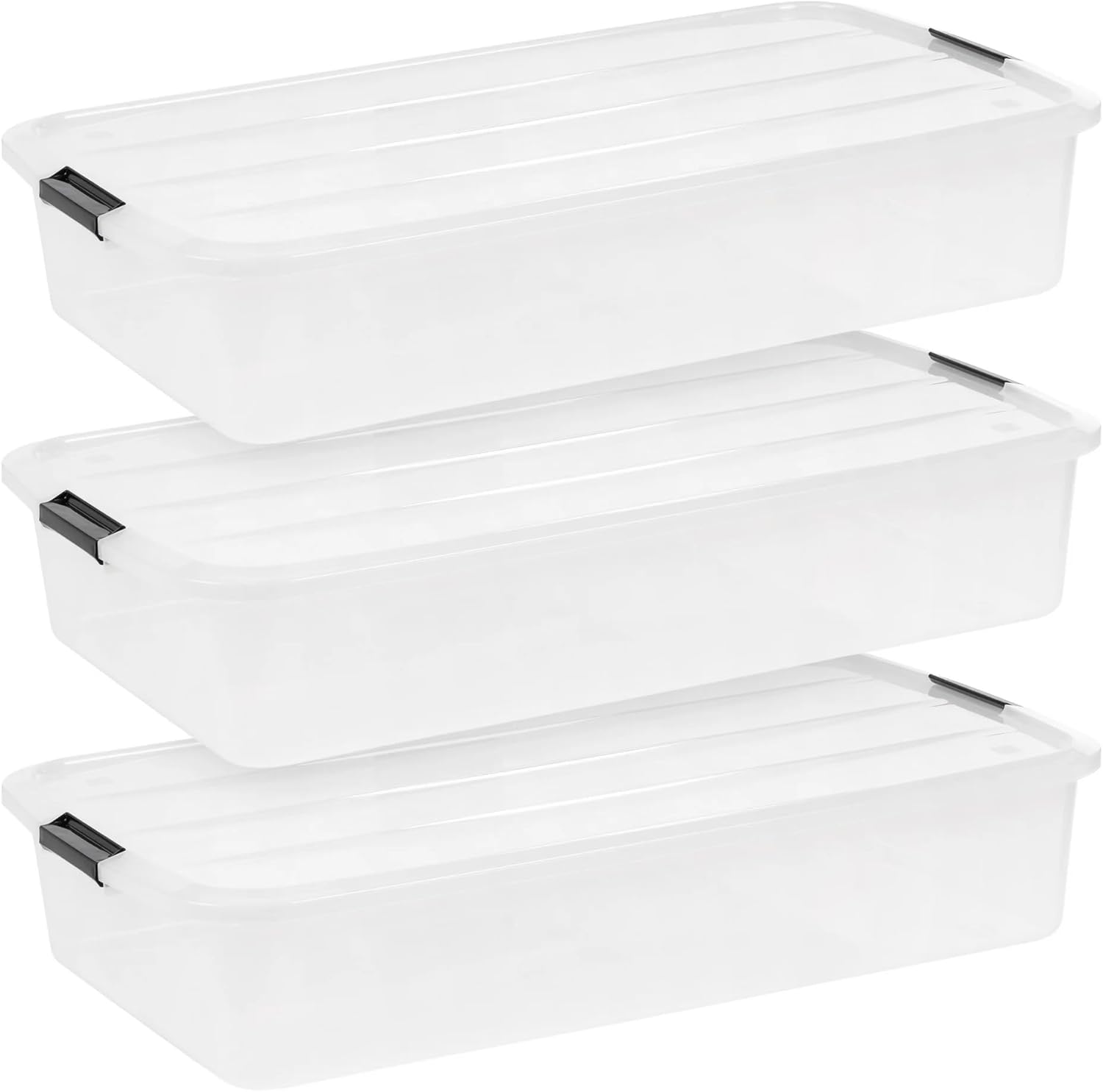 (3 Pack) Low Profile Under Bed Storage Containers,50 Quart Clear Plastic Storage Bins with Secure Latching Lids,Stackable Underbed Totes for Bedroom Closet Dorm Apartment Small Space Organization