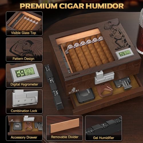 XIFEI Cigar Humidor, Glass Top Humidor Box with Digital Hygrometer, Humidifier, Accessories Drawer, Divider, Cedar Wood Desktop Humidors Case with Combination Lock, Gift for Cigar Lovers (Walnut)