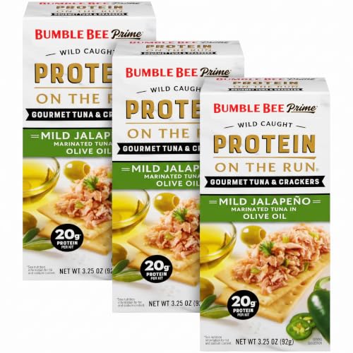 Bumble Bee Prime Protein on the Run Tuna Snack Kit - Gourmet Tuna Marinated in Olive Oil &amp; Mild Jalapeno with Crackers and Serving Utensil - 20g of Protein Per Serving (Pack of 3), Easy Open Cans