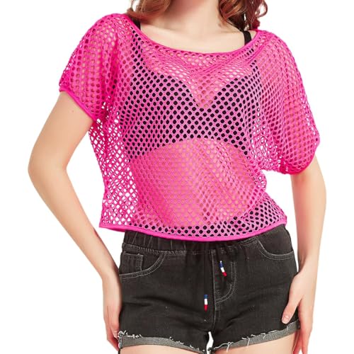 80s Fancy Fishnet Top for Women Neon Mesh Top Off the Shoulder T-shirt 1980s Retro Theme Party Costume Accessories Cosplay