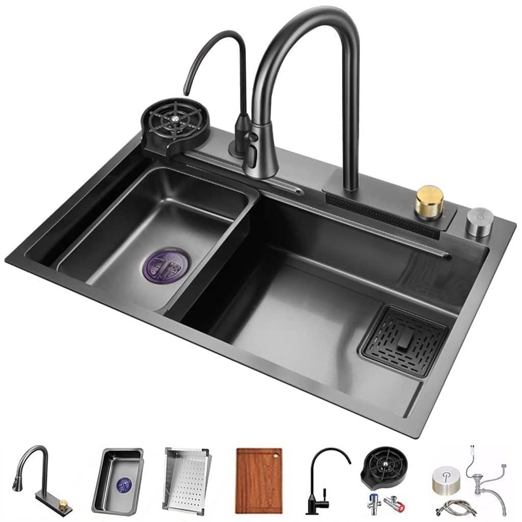 ZQFHSX Waterfall Kitchen Sink Home Vegetable Basin With Pull-Out Faucet And Glass Rinser Versatile Stainless Steel Single-Bowl Worksta (Color : Black, Size 80x45x22cm)