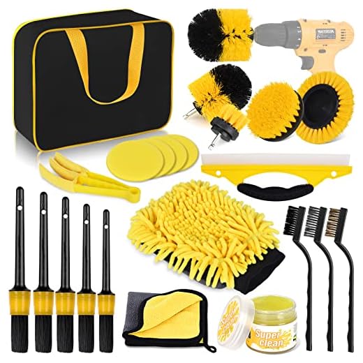 Herrfilk 22 Pcs Car Cleaning Tools Kit, Car Detailing Kit, Car Detailing Brush Set with Carry Bag, Auto Drill Brush Set Pro Car Wash Kit for Car Interior & Exterior, Wheel, Dashboard, Leather, Emblems