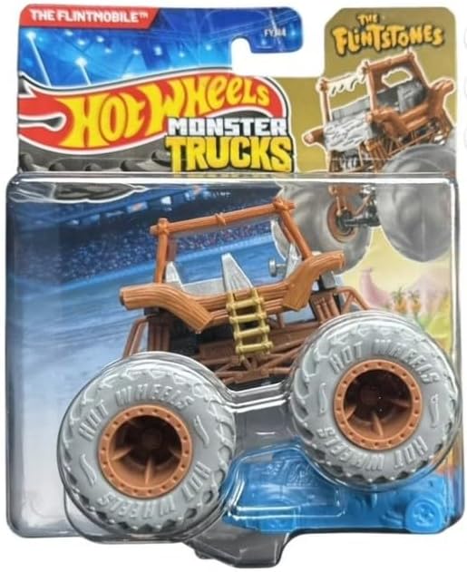 Hot Wheels Monster Trucks The Flintmobile, Flinstones Escala 1:64 Diecast con ruedas grises 2025 con auto aplastable