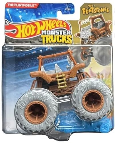 Hot Wheels Monster Trucks The Flintmobile, Flinstones 1:64 Scale Diecast with Gray Wheels 2025 with Crushable Car