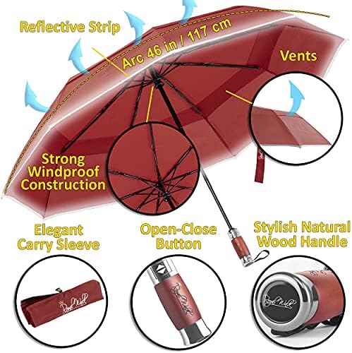 Royal Walk Windproof Folding Travel Umbrella Compact and Strong Luxurious Real Wood Handle Automatic Open Close Vented Double Canopy for Men and Women (Dark Red)
