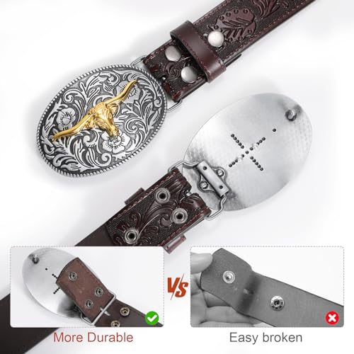 Image of SANSTHS Genuine Leather Cowboy Belts for Men Western Belt Buckle for Jeans | 1.5 inch Embossed Belt, Texas Longhorns Belt Buckle, Classic Western Style, for Cowboy, Cowgirl, Rodeos, Costume Party, Gifts