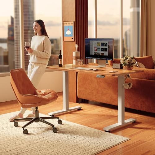 Image of FEZIBO 48 x 24 Inchs Electric Standing Desk, Height Adjustable, Sit Stand Up, Computer Office Desk with Splice Board, White Frame /Light Rustic Top