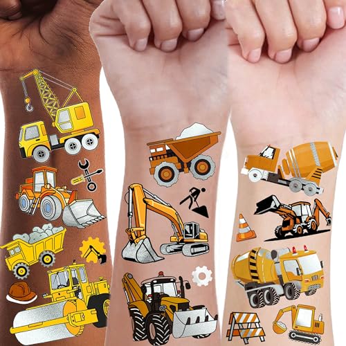 56+ PCS Construction Cars Temporary Tattoos For Kids Boys Girls, Groovy Flash Silver Metallic Fake Tattoo Sticker Child, Cartoon Engineering Vehicle Fire Engine Bulldozer Excavator Tattoo Party Supply
