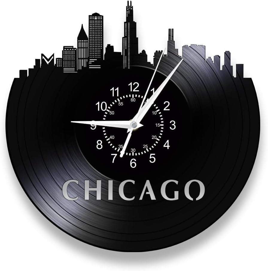 Chicago Skyline Wall Clock, 12 Inch USA City Wall Clock, Silent Quartz Non Ticking Battery Operated Modern Decorative Analog Vinyl Record Clock Wall Watch for Living Room Bedroom Travel Gifts