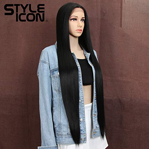 Style Icon 38" Super Long Straight Wigs Lace Front Wigs 6" Deeper Middle Part Wig Black Synthetic Wig (38", 1B) - Image 4