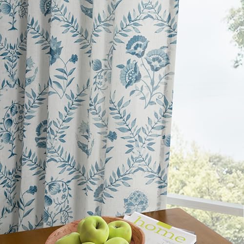 Image of Blue Floral Linen Curtains Patterned Semi Sheer 63 Inch Length 2 Panels Set