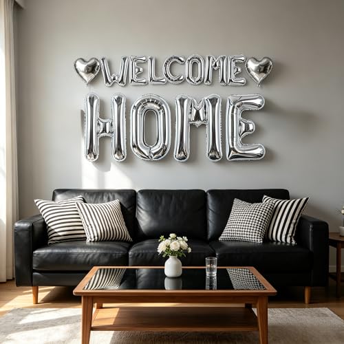 Image of TONIFUL 2 Size Silver WELCOME HOME Foil Letter Balloons Banner Decorations