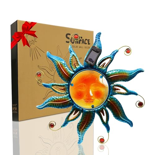Décoration murale d'extérieur en métal avec lampe solaire de jardin étanche motif soleil