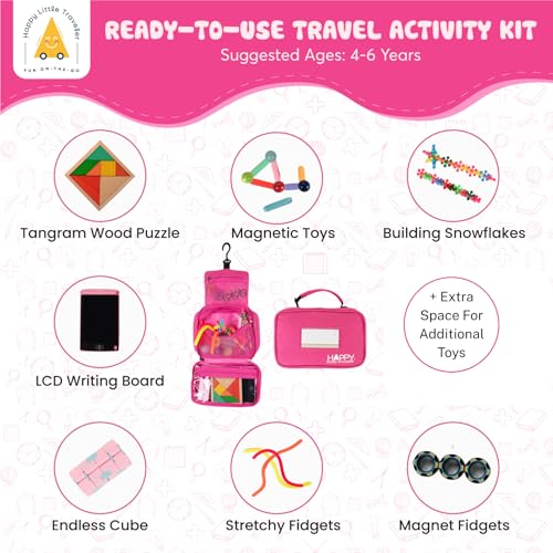Image of Travel Essentials for Kids - All-in-One Hanging Bag with Kid Toys, Road Trip Activities for Kids, Sensory Toys & Travel Games for Airplane Trips, Car Rides, Gifts for Boys & Girls Ages 4+ (Pink)