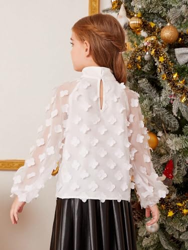 WDIRARA Girl's Floral Appliques Long Sleeve Blouses Mock Neck Mesh Lantern Sleeve Cute Shirts Tops2