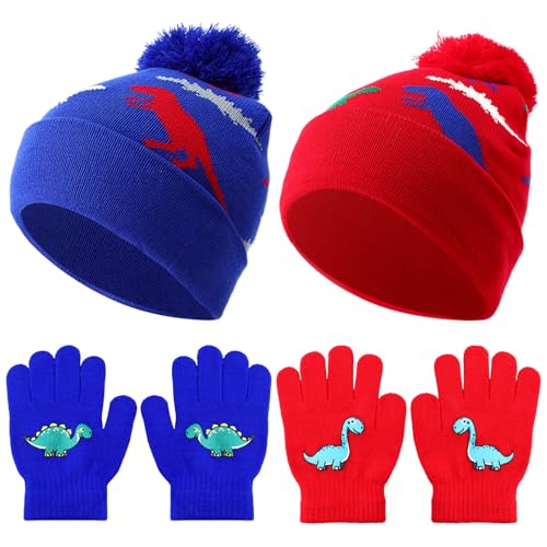 2 Sets Winter Boys Kids Hat Gloves Set Toddler Warm Hat with Gloves Pom Knit Baby Winter Soft Dinosaur Hats for Girl