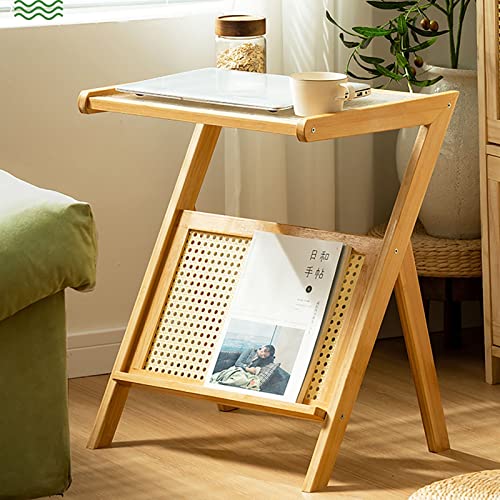 End Table, Z Shaped Side Table With Storage Tv Tray For Sofa Couch Bed Office Laptop Tea Bamboo Side Table Removable Glass Rattan Nightstand For Living Room Bedroom Small Space Apartment (Wood) #TOP1