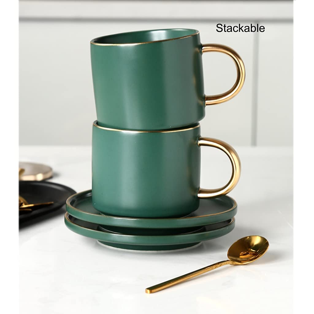 Juego de Tazas de té Juego de Tazas de té con cucharillas de cerámica y platillos Juego de té de la Tarde de Lujo Europeo para el hogar(Green-4 pcs)