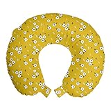 ABAKUHAUS Flor Cojín de Viaje para Soporte de Cuello, Anémonas y Ramas, de Espuma con Memoria y Funda Estampada, 30x30 cm, Tierra Blanco Amarillo