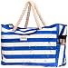 Beach Bag XXL (HUGE). 100% Waterproof. L22"xH15"xW6". Cotton Rope Handles, Top Magnet Clasp, Outside Pockets. Dark Blue Stripes Shoulder Beach Tote has Phone Case, Built-In Key Holder, Bottle Opener