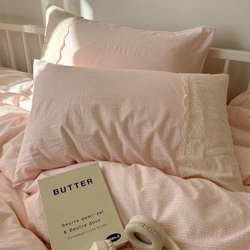 Image of VM VOUGEMARKET Pink Duvet Cover with White Lace Twin Kids Pink Plaid Gingham Duvet Cover Set for Girl's College Dorm Soft Lightweight Cozy Bedding Set