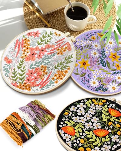 Image of TINDTOP Embroidery Kit for Adult, 3 Pack Embroidery DIY Starter Kit, with Stamped Patterns, Hoop, Tools, Colorful Threads with Needles, Instructions (Bouquet) | with Stamped Patterns, Hoop, Tools, Colorful Threads with Needles, Instructions (Bouquet)