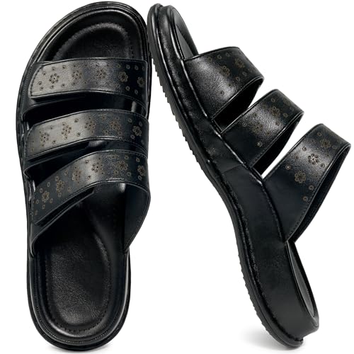 Aomigoct Womens Sandals Comfortable Slides: All Black 8 Dressy Summer Walking Sandals Open Toe - Adjustable Arch Support Ladies Casual Shoes