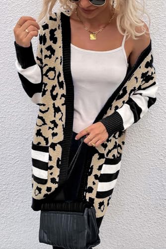 Women's Black Stripe Sleeve Leopard Print Open Front Cardigan with Pockets4