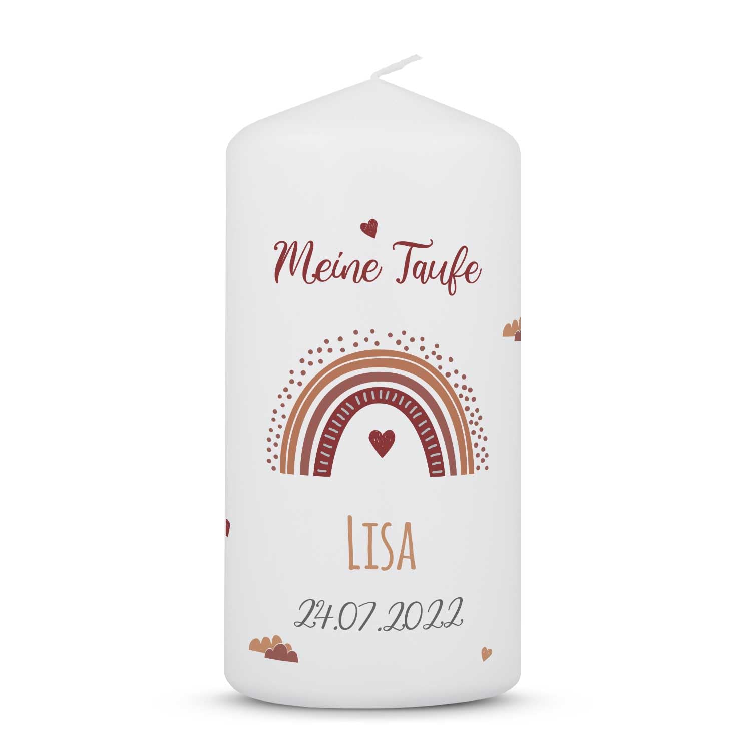 GRAVURZEILE Vela pequeña impresa – Vela de bautizo arco iris – Personalizada con nombre fecha y texto deseado – Vela brillante impresa – Regalo para niñas y niños para bautizo – Color: Rojo