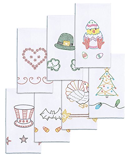 Jack Dempsey Stamped Decorative Hand Towel, 15 by 30-Inch, White, Holidays of The Year, Set of 7