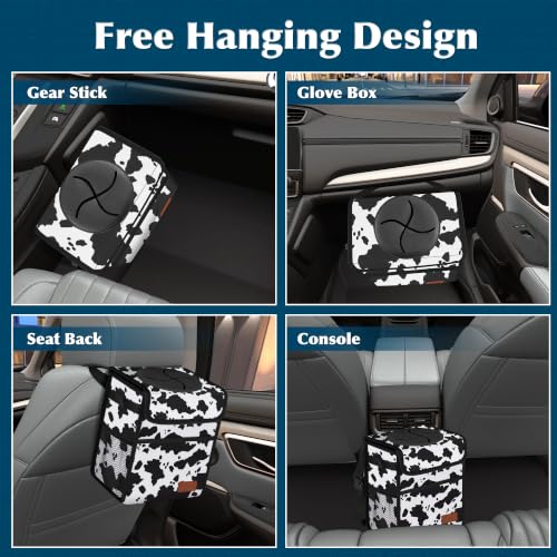 Image of Femuar Leak Proof Car Trash Can with Lid, Collapsible Hanging Waterproof Car Trash Bag with Mesh Pocket for SUV Front Seat Headrest, Cow Print