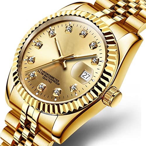 Men's Fashion Classic Design Analog Quartz Watches Casual Business Stainless Steel Waterproof Date Wrist Watch Men (Gold) - Thumbnail 2