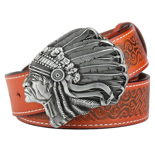 RGWYGCG Cowboy Western Belts for Men, Native American Head Embossed Leather Belt Smooth Buckle,Orange,125CM/49.2''