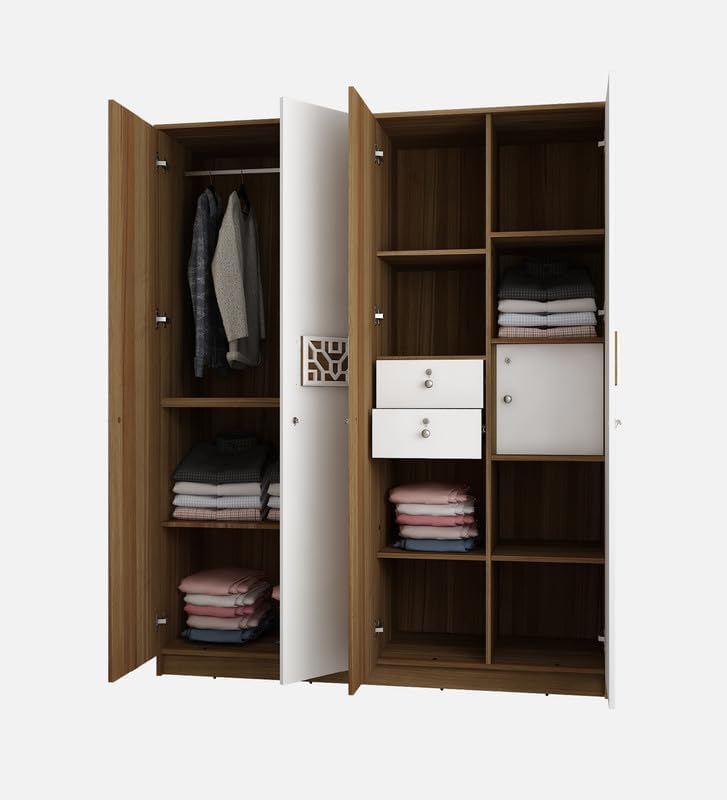 Image of Castle Multipurpose 4-Door Wardrobe | Engineered Wood | Spacious Closet Storage | Lyon Teak & White Finish | Sturdy & Durable | Easy Knock-Down Assembly