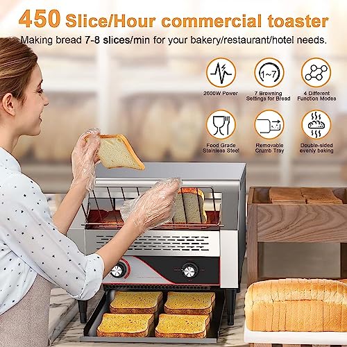 Conveyor Toaster 450 Slices/Hour - Commercial Toaster for Restaurant Heavy Duty - Auto Discharge Commercial Conveyor Toaster with Width Opening for Evenly Toasting - 2200W Stainless Steel Toaster Oven for Restaurant/Buffets/Famliy Day/Camping