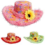 Pinker Hippie Hut Plüsch Blumenhut pink Flower Power Plüschhut mit Sonnenblume 70er Jahre Kopfbedeckung Fasching Schlager Party Faschingshut Partyhut Retro Mottoparty Accessoire Karneval Kostüm