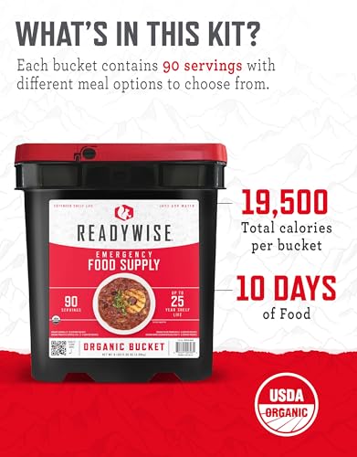 ReadyWise Emergency Food Supply - 90 Servings Organic Bucket, Protein Meals, Dehydrated & Freeze Dried Survival Food for Backpacking, Camping Essentials & Prepping Supplies, up to 25 Year Shelf Life