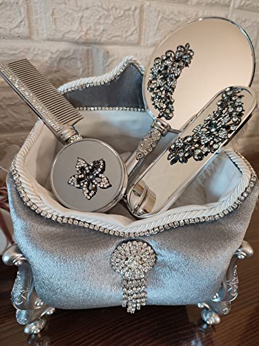 Handheld Makeup Vanity Mirror Comb Hair Brush Set | Vintage Antique Mirror Comb Brush | Antique Vanity Makeup Mirror Gold Vanity Mirror Hair Brush Set (Silver 3) #TOP3