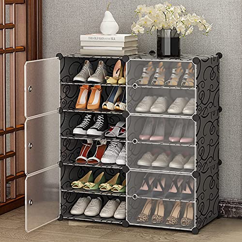 Image of Zemic DIY Portable Shoe Rack for Home Plastic Shelves Household, Shelf Shoe Rack with Dustproof Door for Heels /Slippers /Boots for Entryway or Bedroom (Black, 12-Shelf-6-Door)