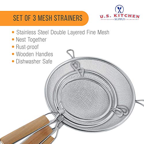 U.s. Kitchen Supply - Set Of 3 Premium Quality-Double Mesh Extra Fine Stainless Steel Strainers With Comfortable Wooden Handles, 4", 5.5" And 8" Sizes #TOP2