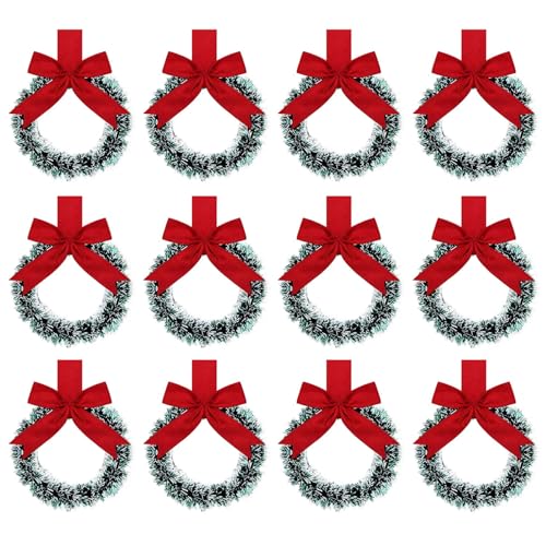12Pcs Small Christmas Cabinets Wreaths Mini Wreaths for Kitchen Window Chair Backs with Ribbon Artificial Greenery Christmas Wreaths for Wall Front Door Party Decorations Kitchen Cabinets