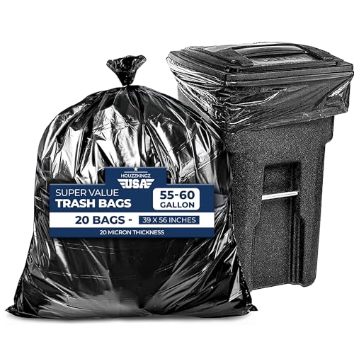 55 Gallon Large Trash Bags [39 X 56 20 Micron] 20 Black Contractor Garbage Bags | Heavy Duty Lawn Leaf Yard Waste Bags | 55-60 Gallon Extra Large Construction Industrial Plastic Trash Can Liners