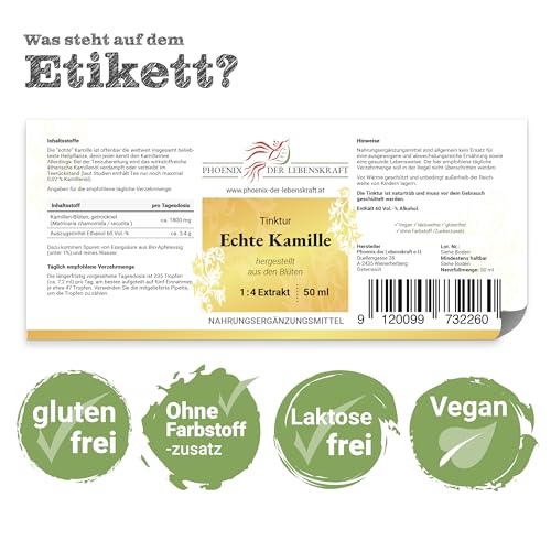 Kamille Tinktur 50ml | Matricaria chamomilla Tropfen (1:4 Extrakt) | Premium Qualität aus Österreich | Veganes Nahrungsergänzungsmittel | Mutterkraut, Echte Kamille, Königskerze, Hundeblume