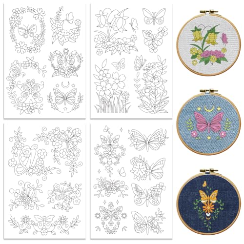 peacoblue Modèles de broderie autocollants solubles dans l'eau 4 feuilles avec 33 modèles, modèles de broderie film de broderie soluble dans l'eau (papillons et fleurs)